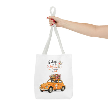 Christian Tote Bag — “Riding with Jesus” Floral Beetle Illustration