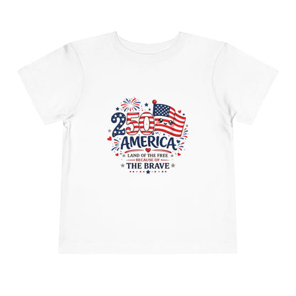 Toddler Tee - "250 Years of America" Patriotic 4th of July Shirt with Heart Cross Back