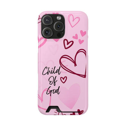 Pink "Child of God" Phone Card Case — Heart Pattern Religious Phone Case with Card Holder