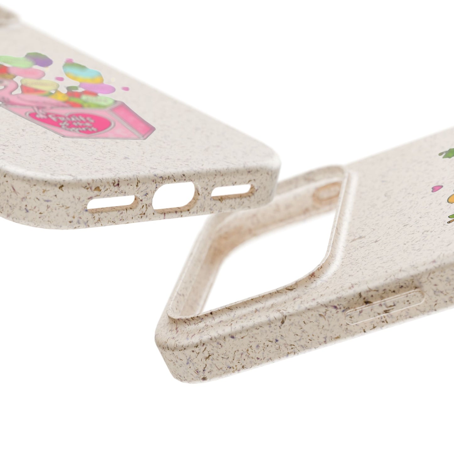 Biodegradable Phone Case — Cute Flamingo & Fruit Hearts "Fruity Love" Eco-Friendly iPhone Cover