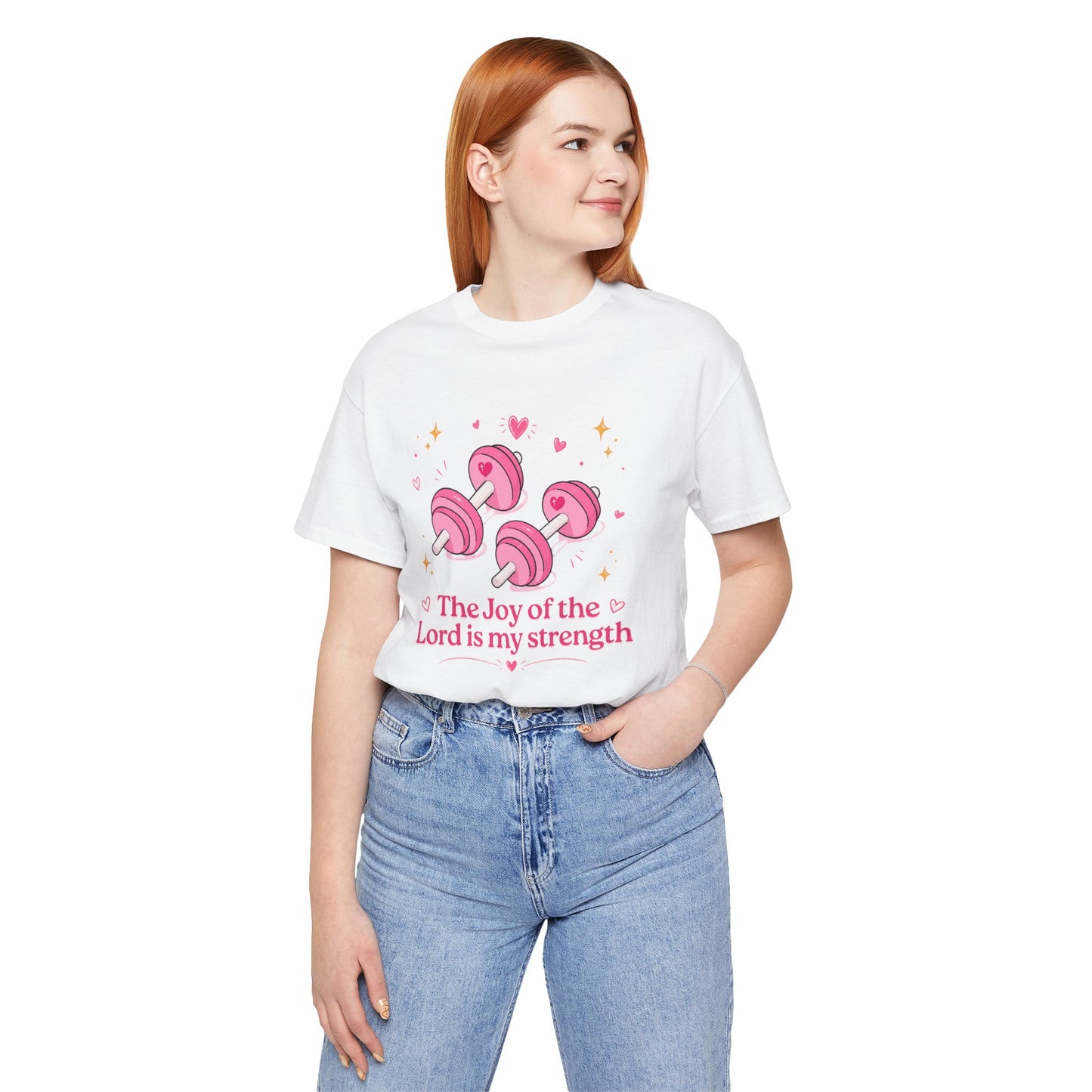Christian Fitness T-Shirt — “The Joy of the Lord is My Strength” Pink Dumbbells Tee