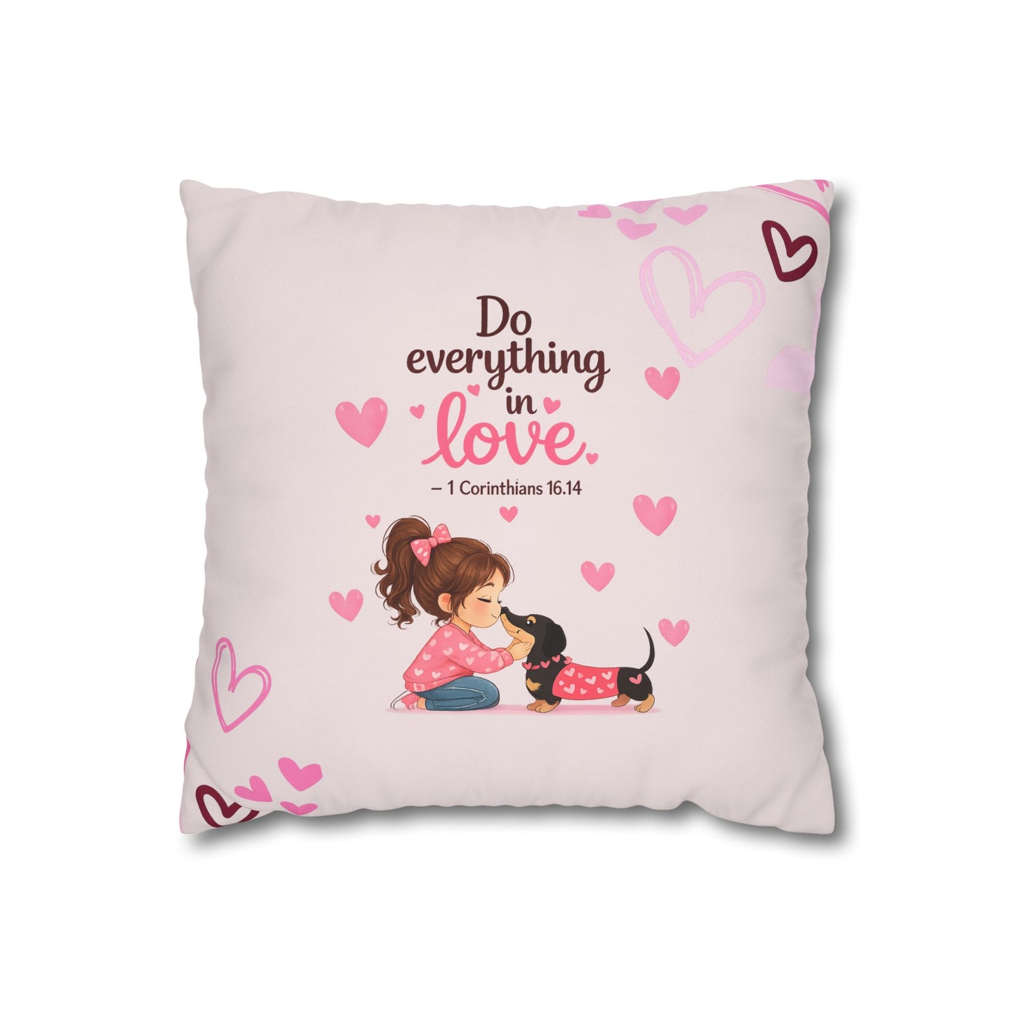 Do Everything in Love Pillowcase — Pink Christian Decorative Throw Pillow