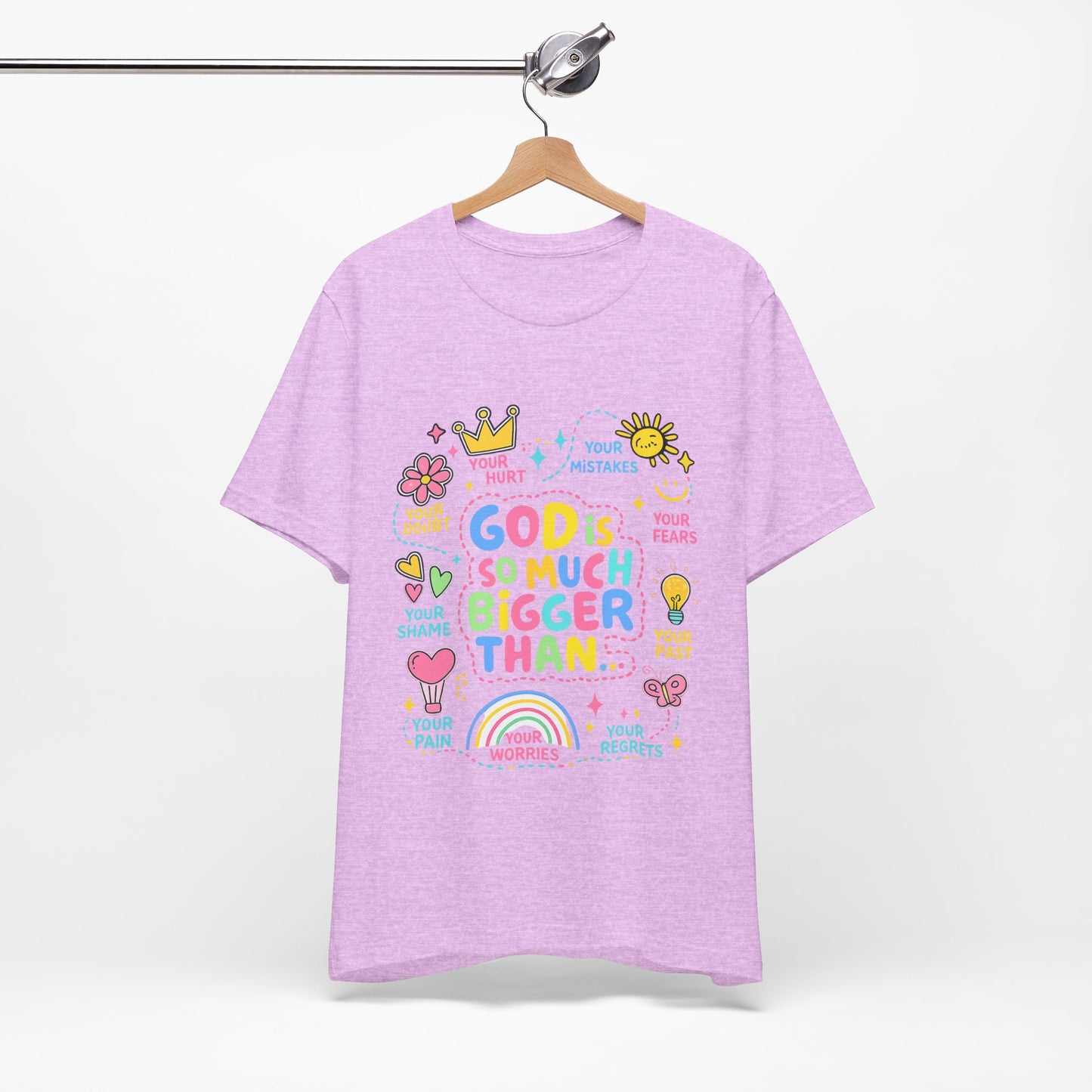 Christian T‑Shirt — "God Is So Much Bigger Than..." Pastel Faith Tee