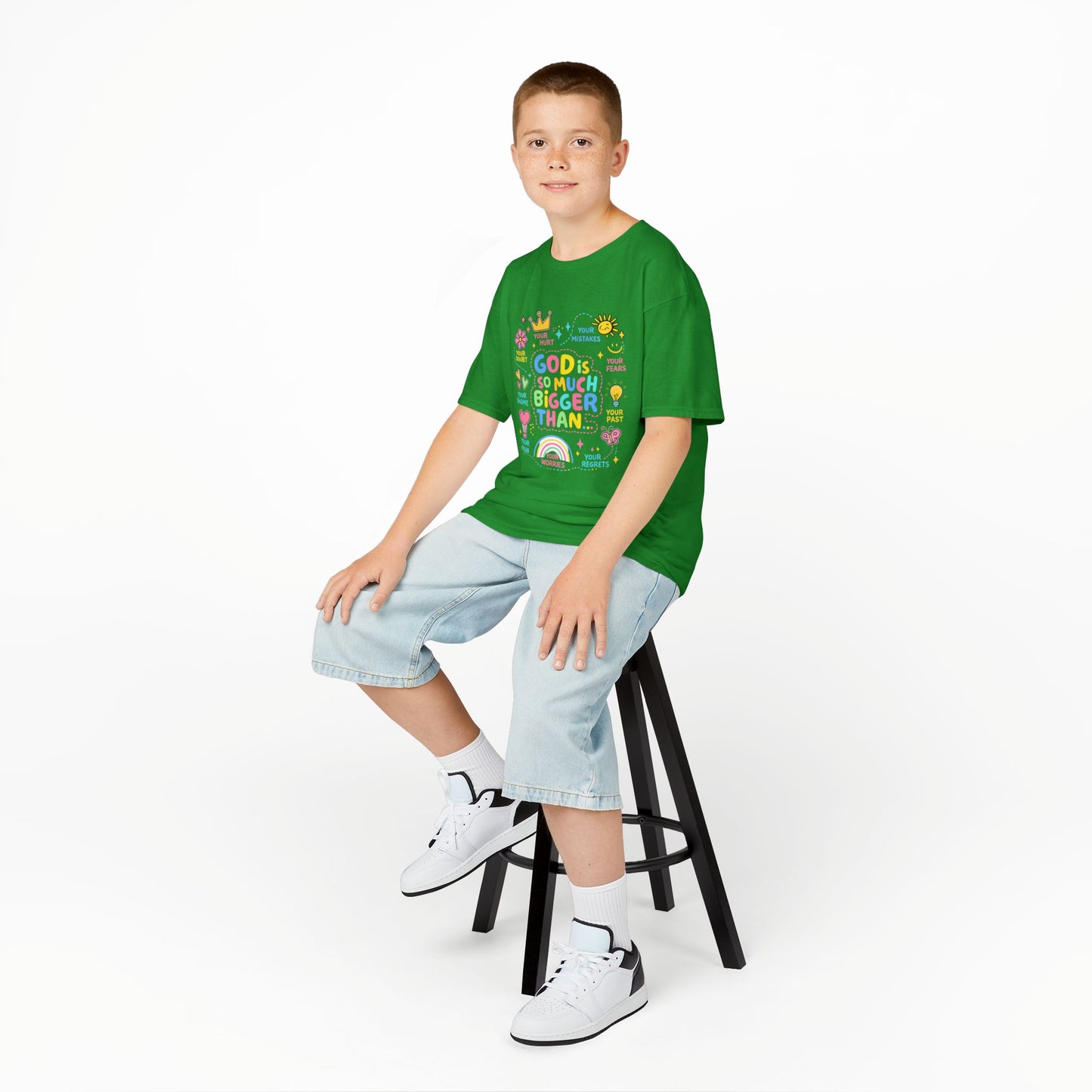 UNISEX Kids Tee — "God Is So Much Bigger Than" Colorful Faith Graphic