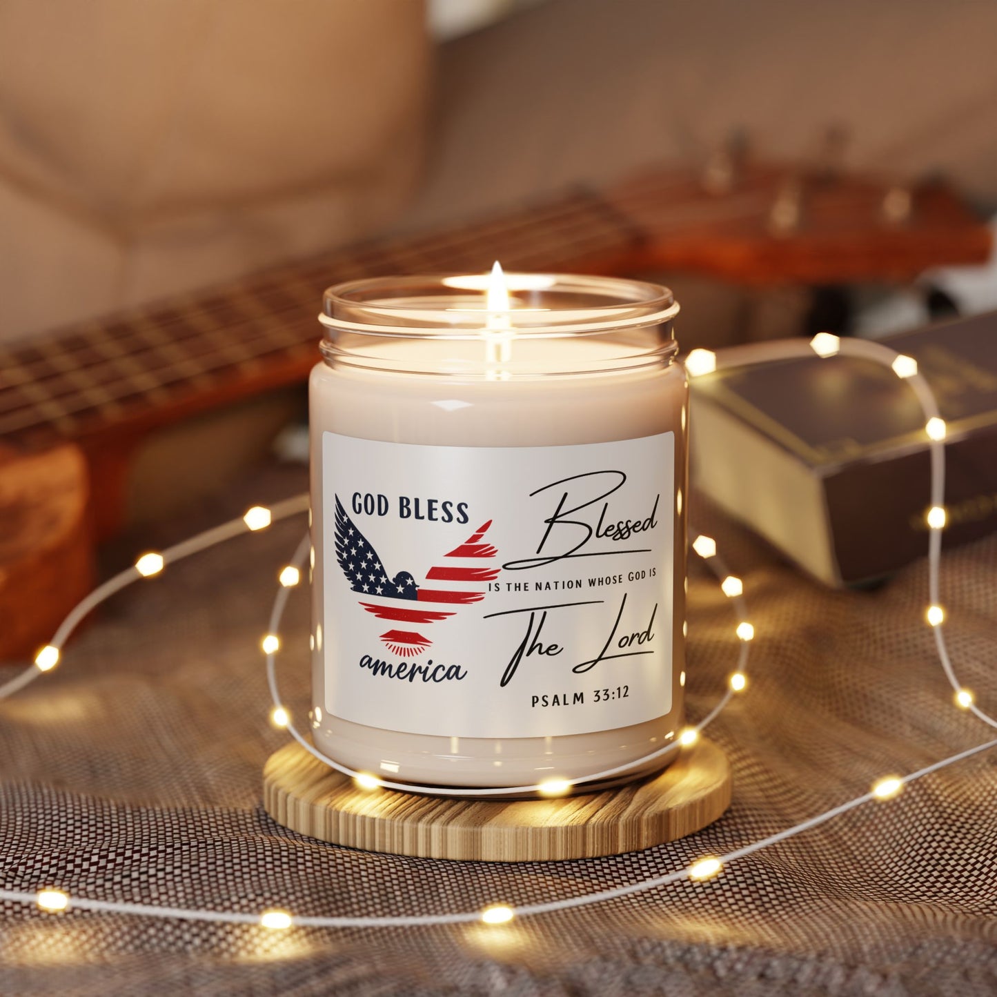 God Bless America Soy Candle — Patriotic Psalm 33:12 Scented 9oz Jar