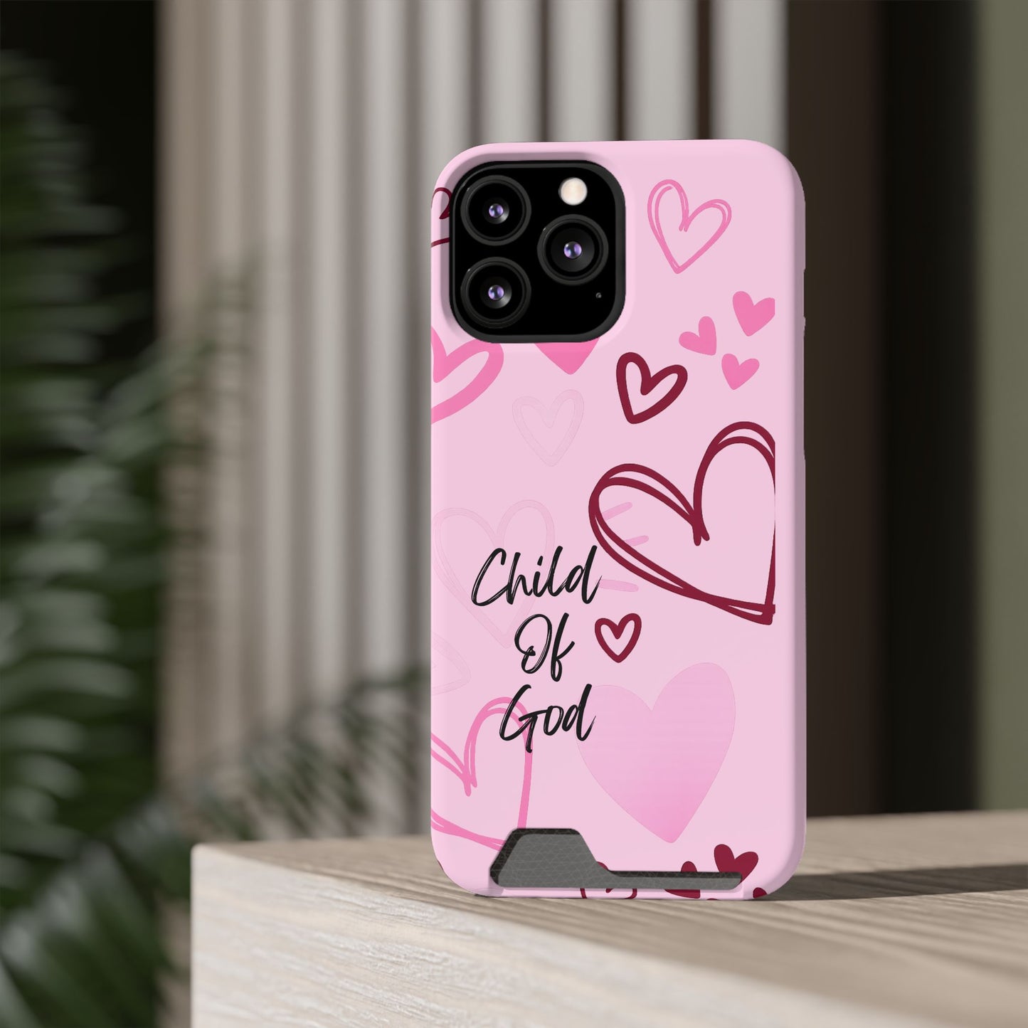 Pink "Child of God" Phone Card Case — Heart Pattern Religious Phone Case with Card Holder