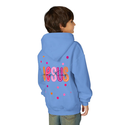 Youth Hoodie — “Jesus” Colorful Polka Dot Christian Pullover