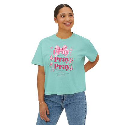Pray Pray Pray Women's Boxy Tee — Pink Faith Floral Graphic