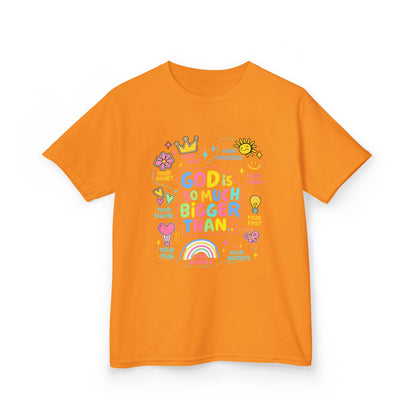 UNISEX Kids Tee — "God Is So Much Bigger Than" Colorful Faith Graphic