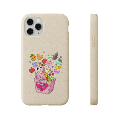 Biodegradable Phone Case — Cute Flamingo & Fruit Hearts "Fruity Love" Eco-Friendly iPhone Cover