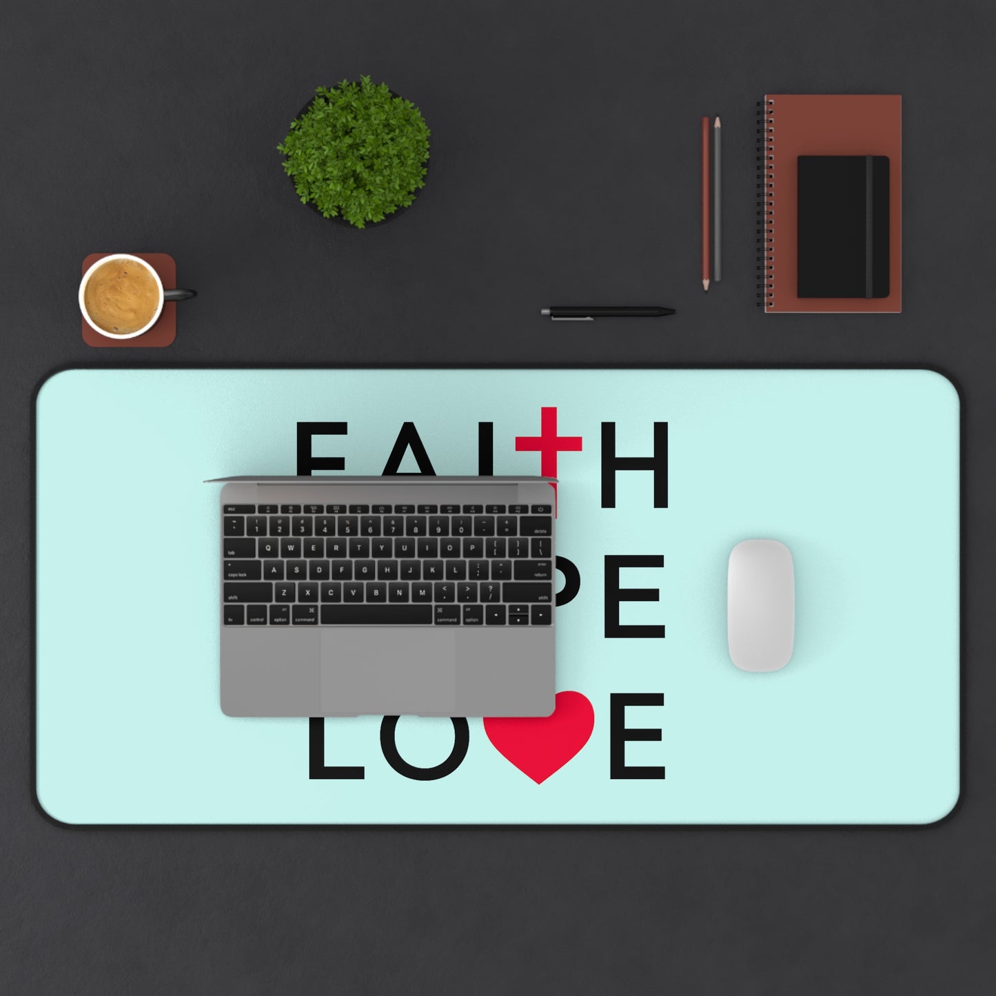 Faith Hope Love Desk Mat — Christian Inspirational Mousepad with Cross, Dove & Heart
