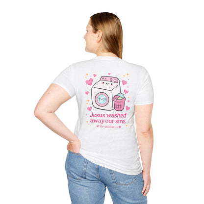 Christian T-Shirt – “Jesus Washed Away Our Sins” Cute Washing Machine Design