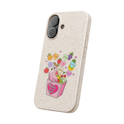 Biodegradable Phone Case — Cute Flamingo & Fruit Hearts "Fruity Love" Eco-Friendly iPhone Cover