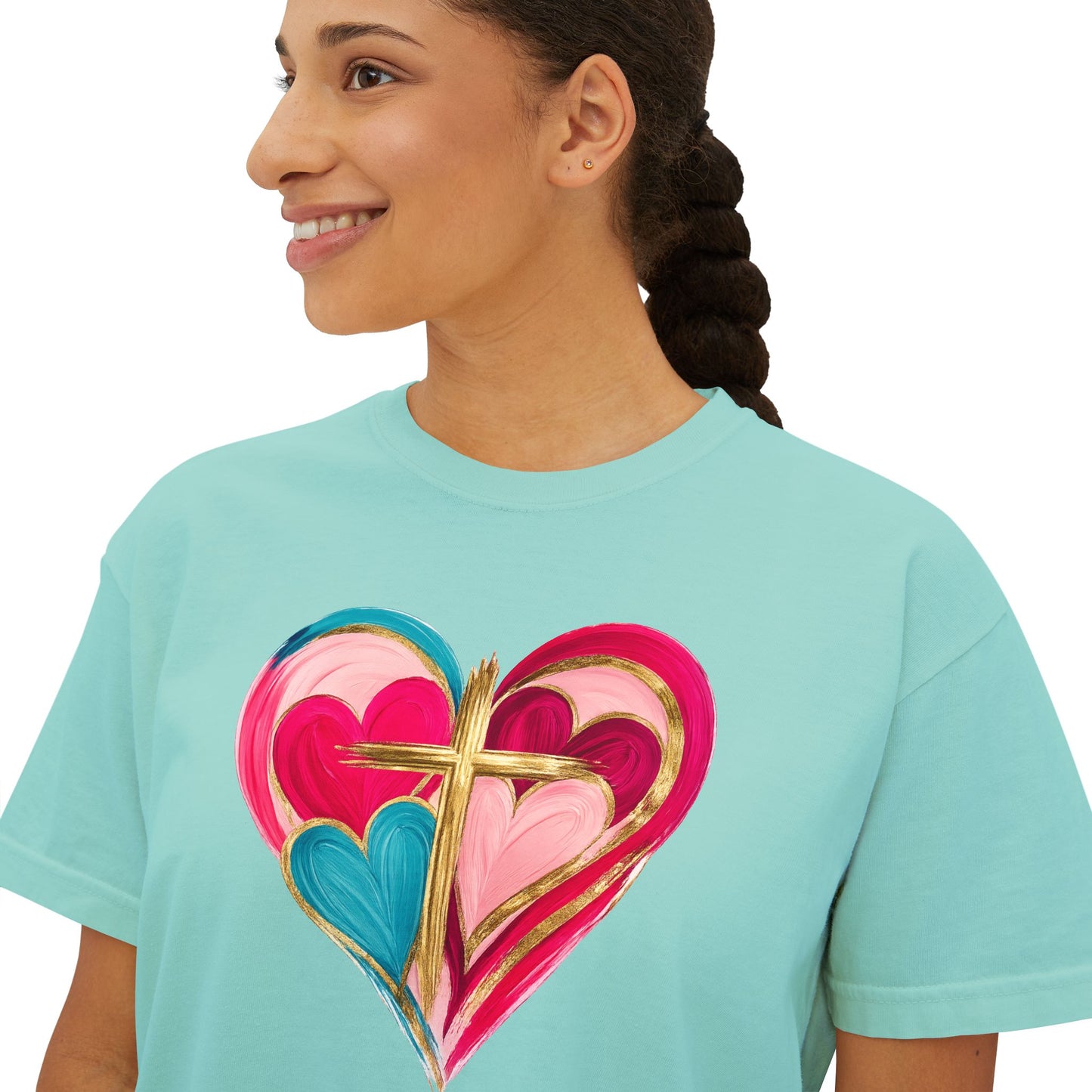Heart Cross Women's Boxy Tee — Colorful Watercolor Heart Graphic