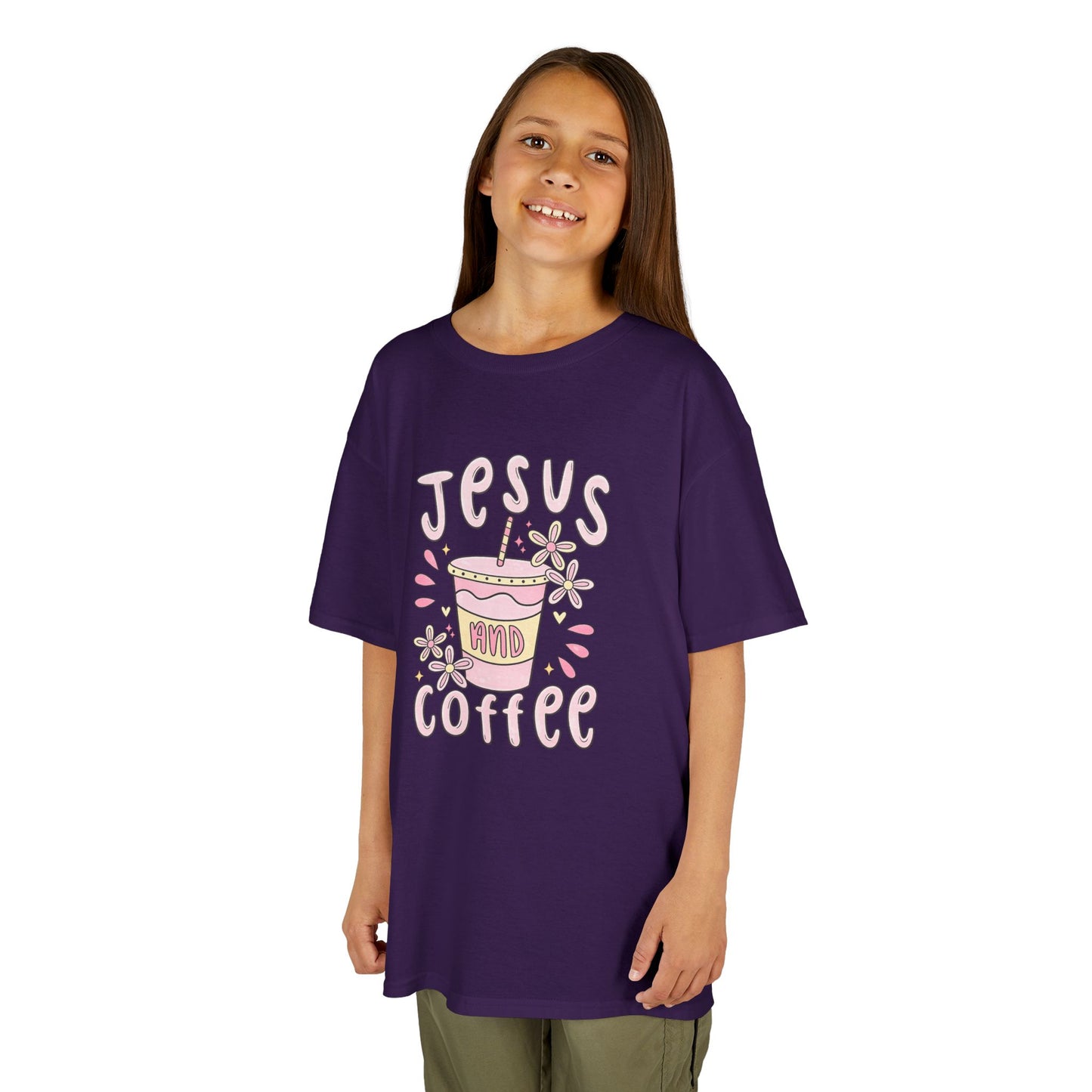 Kids Tee — “Jesus & Coffee” Cute Pastel Faith Graphic