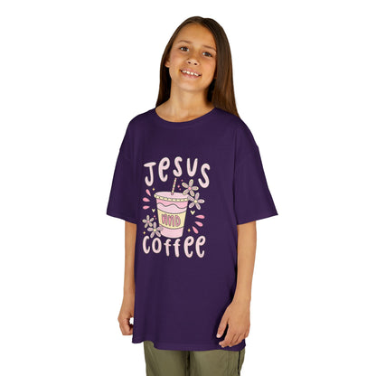 Kids Tee — “Jesus & Coffee” Cute Pastel Faith Graphic