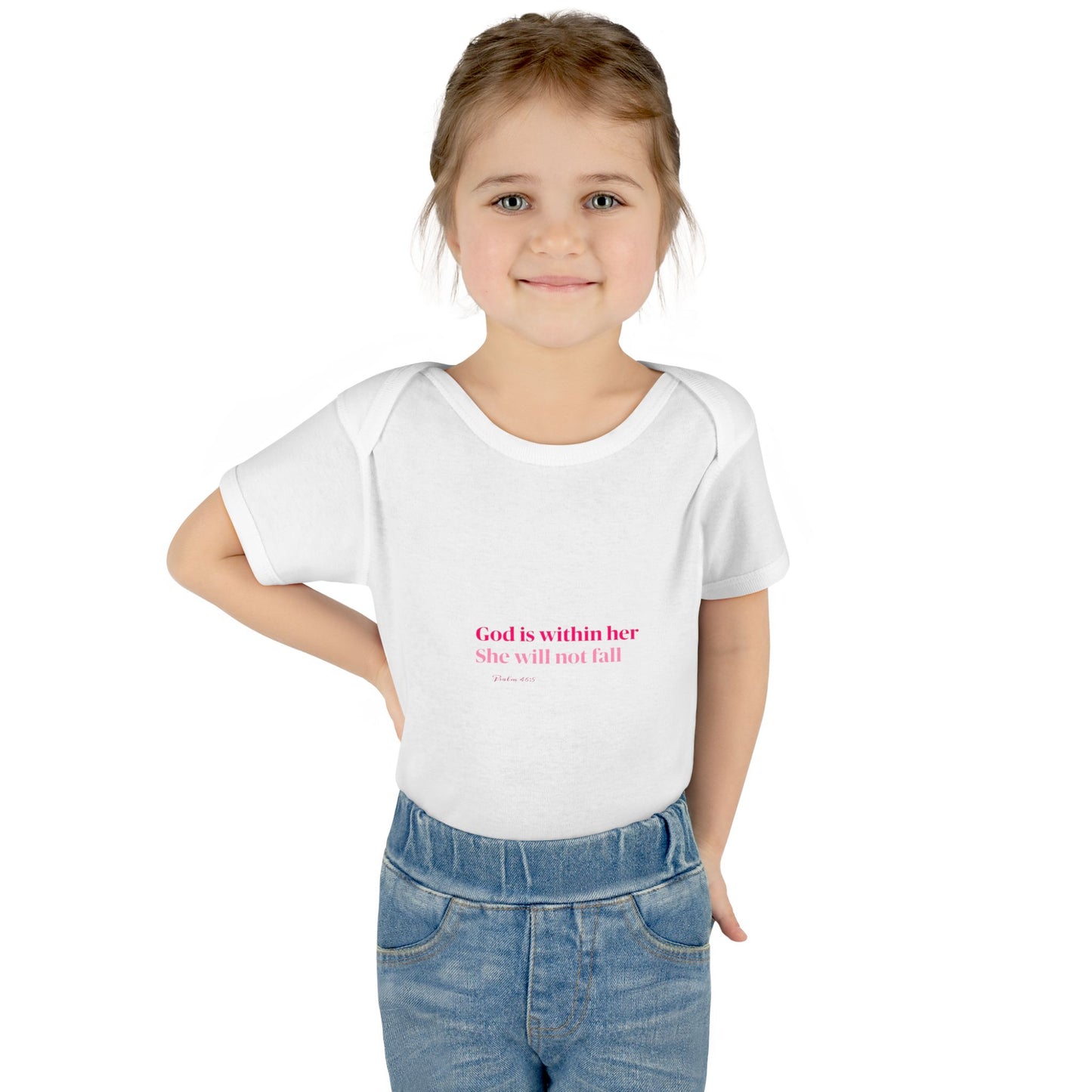 Infant Bodysuit – "God Is Within Her She Will Not Fall" Pink Cross Christian Baby Onesie