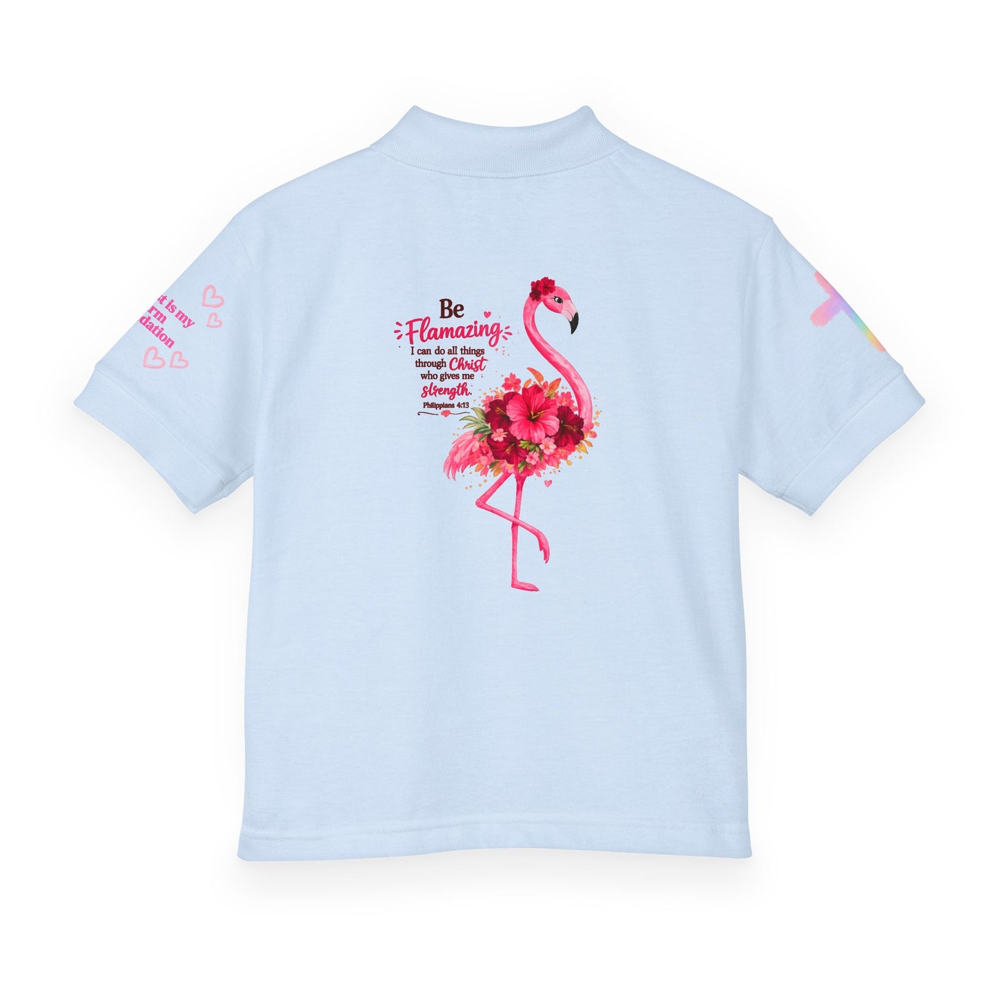 Youth Polo Shirt — Pink Floral Flamingo Kids' Polo (Hearts & Colorful Sleeves)