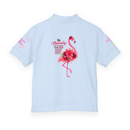 Youth Polo Shirt — Pink Floral Flamingo Kids' Polo (Hearts & Colorful Sleeves)
