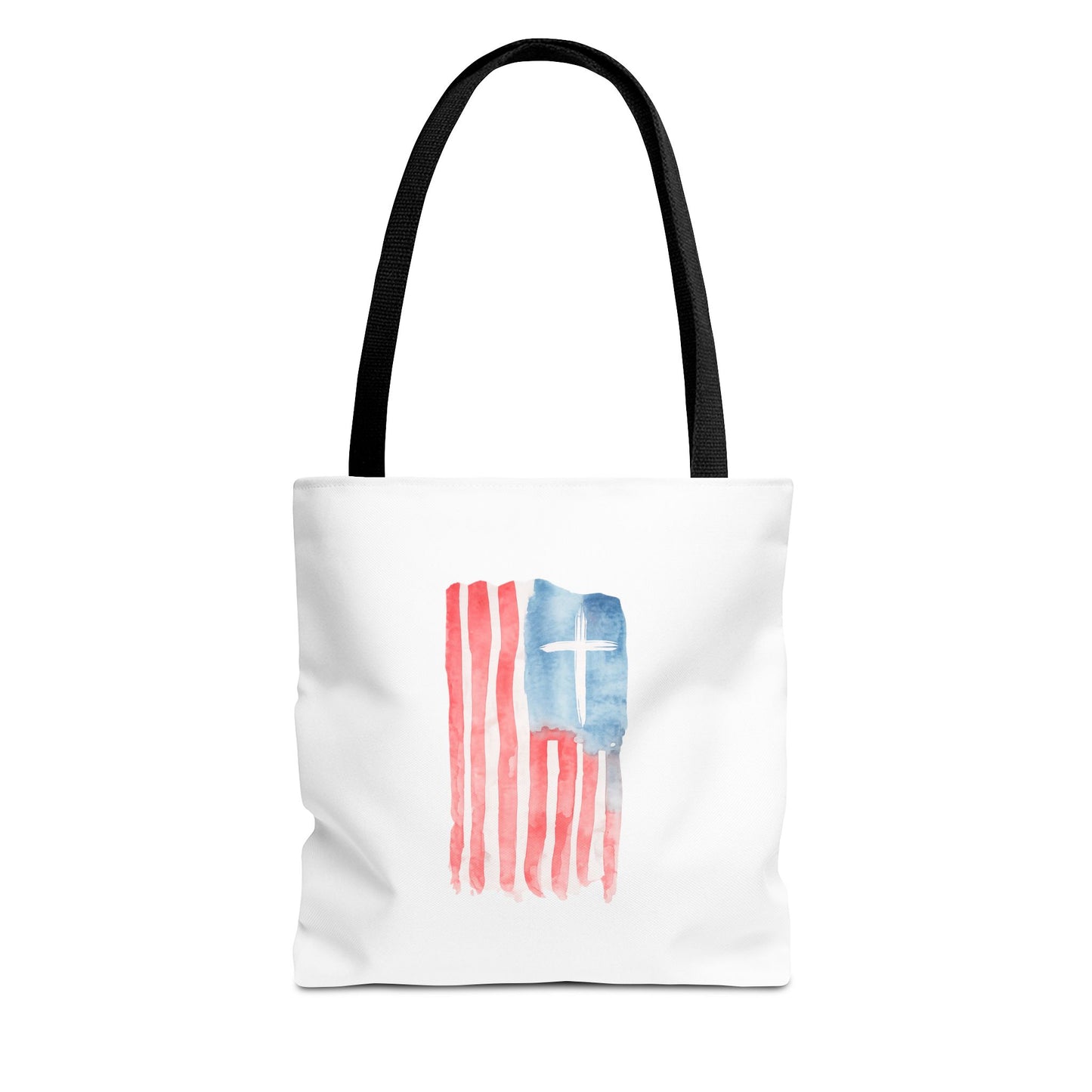 Patriotic Faith Tote Bag — Watercolor Flag with Cross & "Blessed By the Lord" Scripture