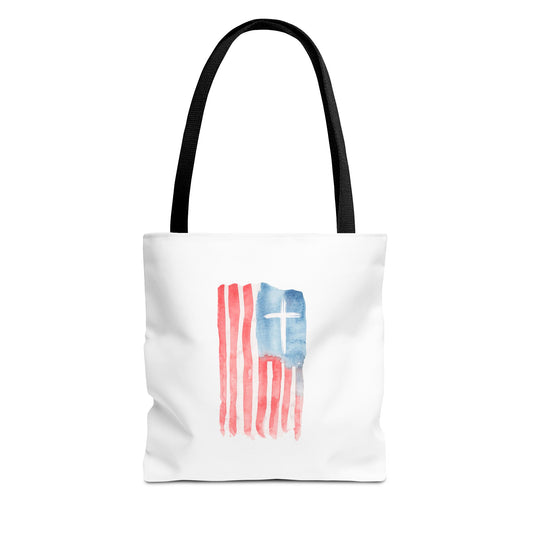 Patriotic Faith Tote Bag — Watercolor Flag with Cross & "Blessed By the Lord" Scripture