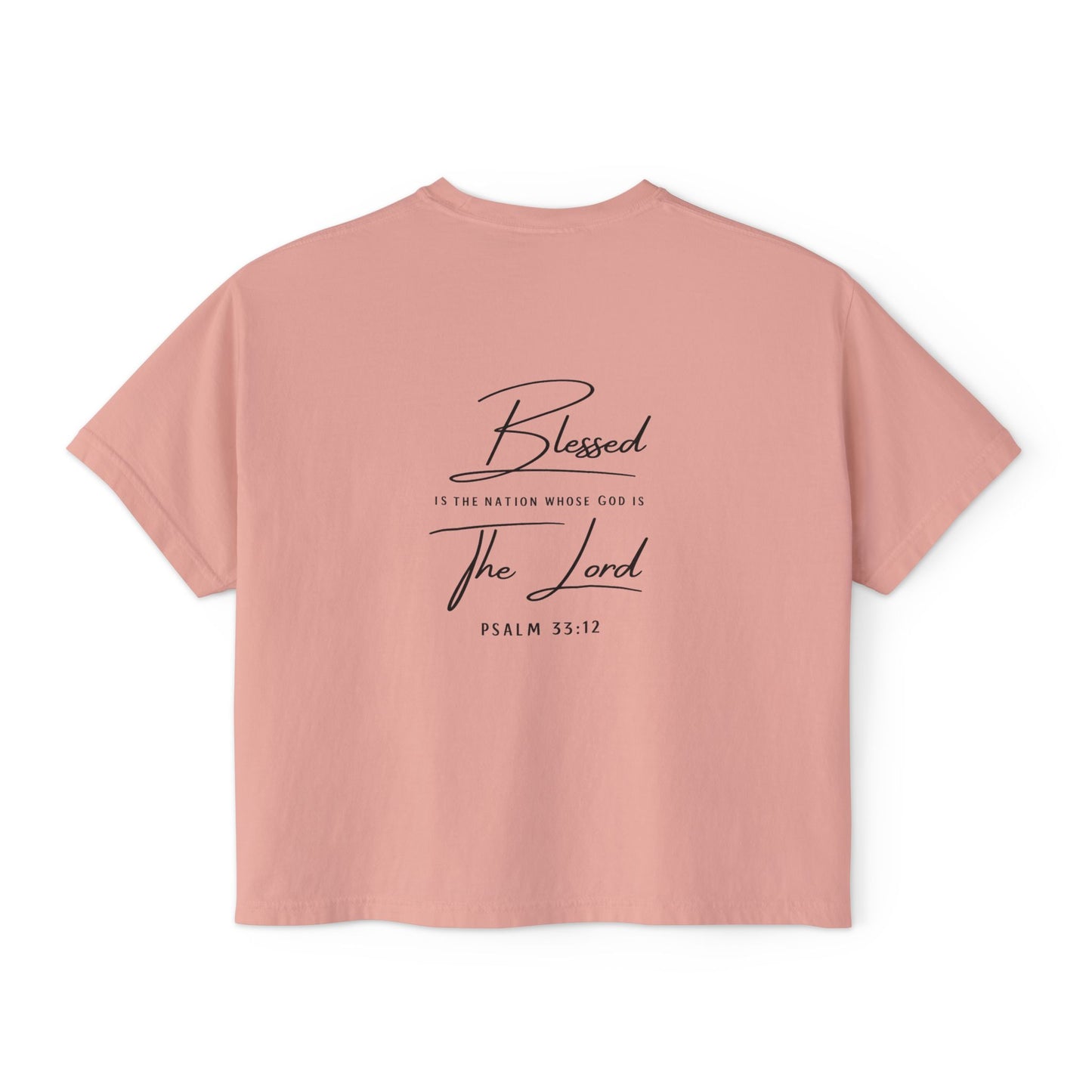 Blessed Tee — Women’s Boxy Christian T-Shirt with Flag Cross (Psalm 33:12)