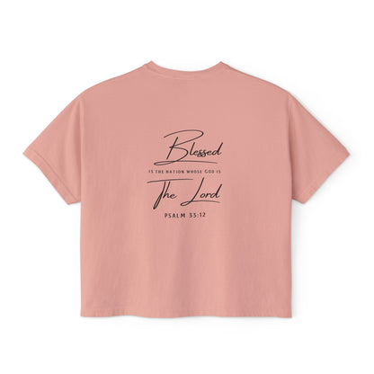 Blessed Tee — Women’s Boxy Christian T-Shirt with Flag Cross (Psalm 33:12)