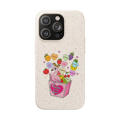 Biodegradable Phone Case — Cute Flamingo & Fruit Hearts "Fruity Love" Eco-Friendly iPhone Cover