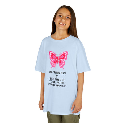Kids Tee — Pink Butterfly with Matthew 9:29 Inspirational Faith Quote