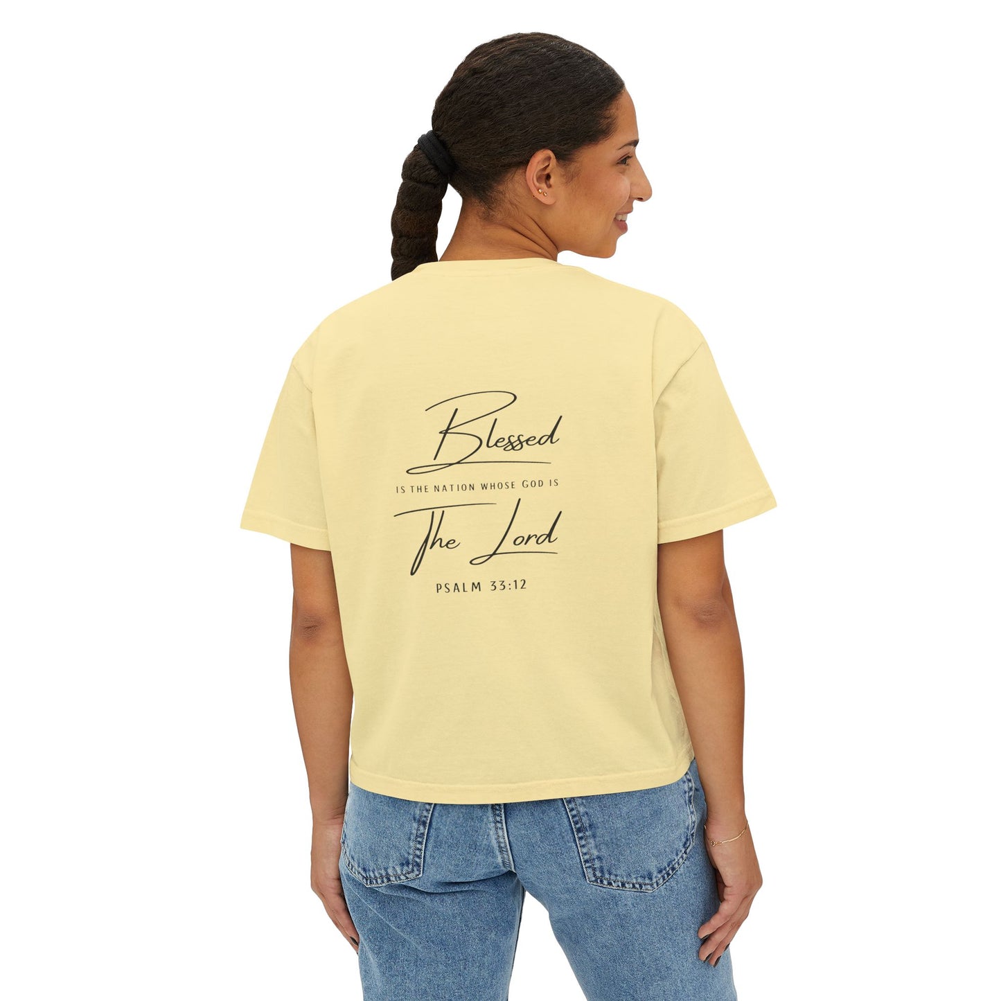 Blessed Tee — Women’s Boxy Christian T-Shirt with Flag Cross (Psalm 33:12)