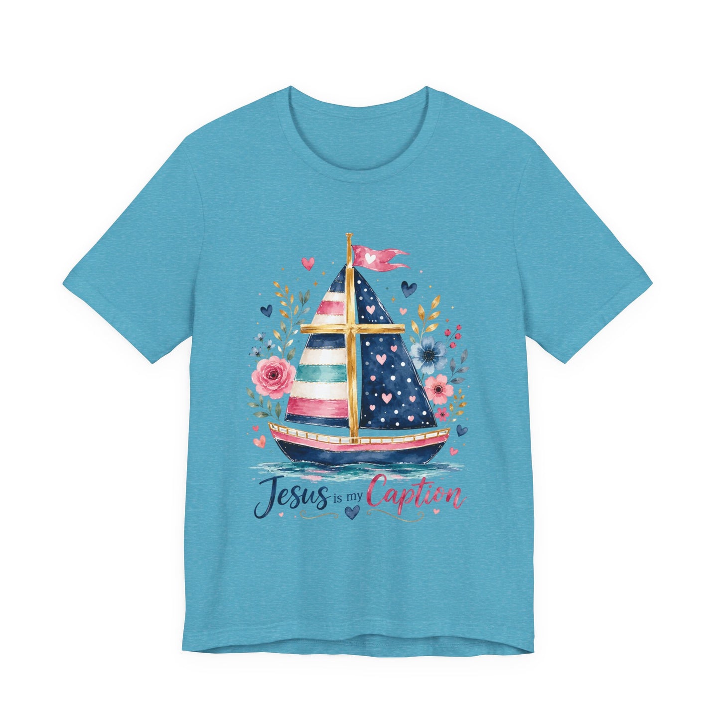 Jesus Is My Caption Sailboat T-Shirt — Floral Patriotic Christian Tee