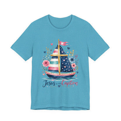 Jesus Is My Caption Sailboat T-Shirt — Floral Patriotic Christian Tee