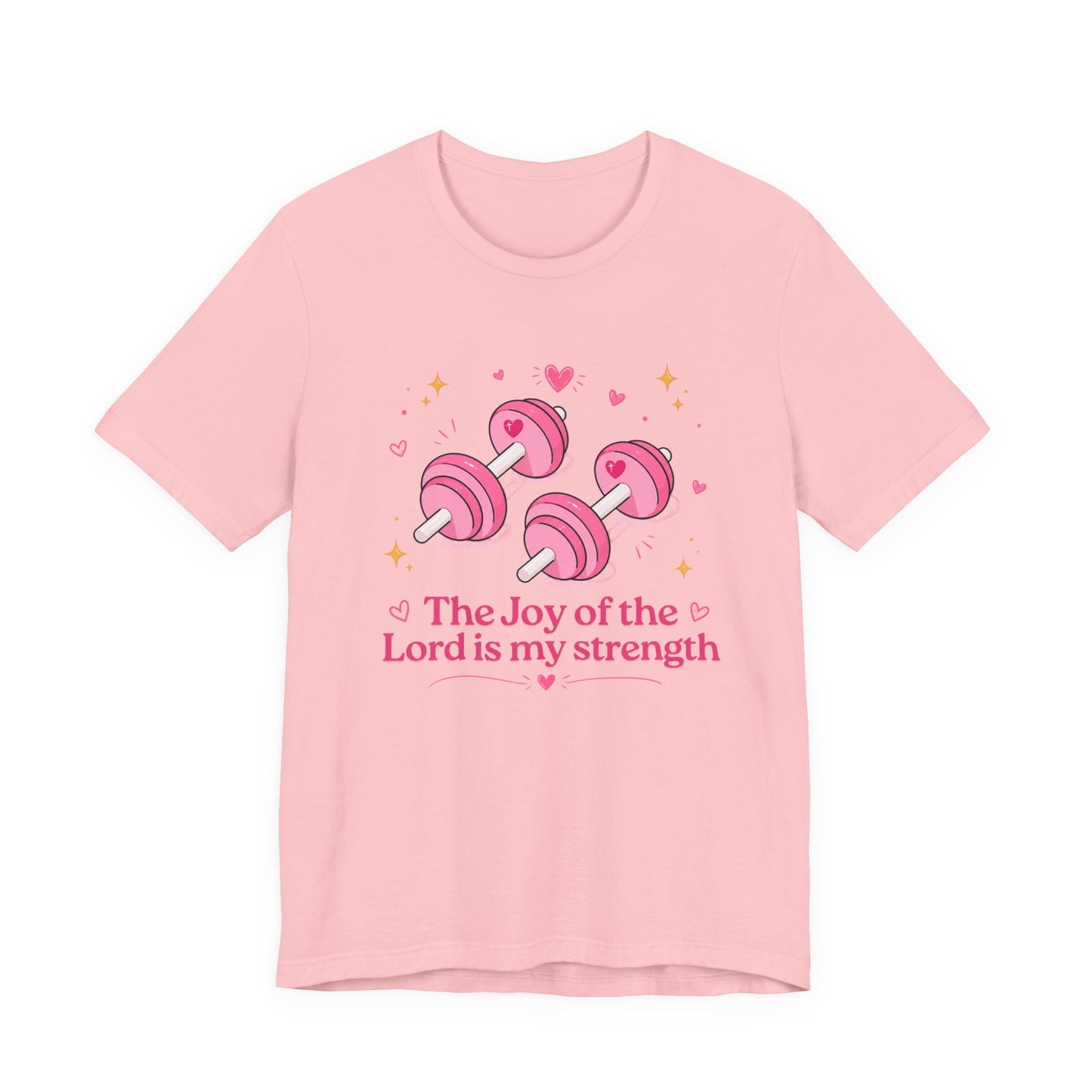 Christian Fitness T-Shirt — “The Joy of the Lord is My Strength” Pink Dumbbells Tee