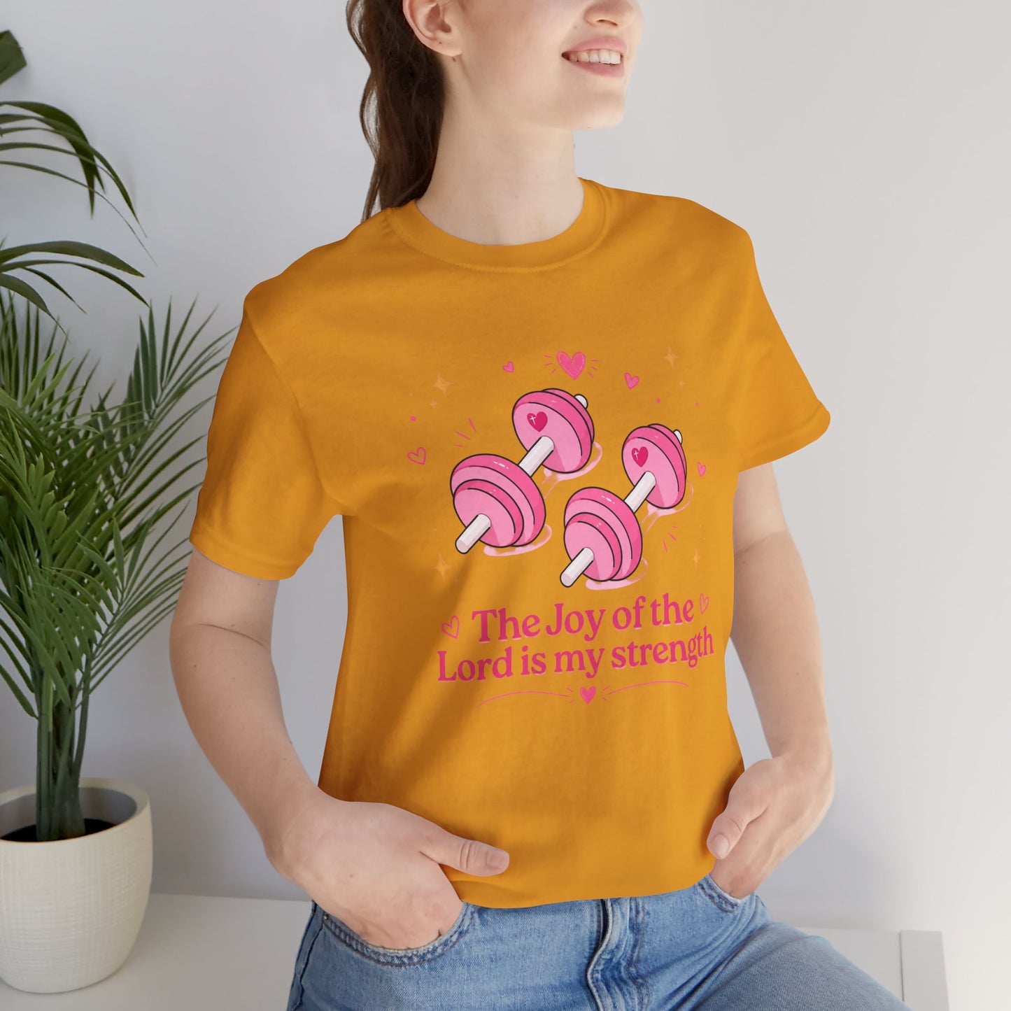 Christian Fitness T-Shirt — “The Joy of the Lord is My Strength” Pink Dumbbells Tee