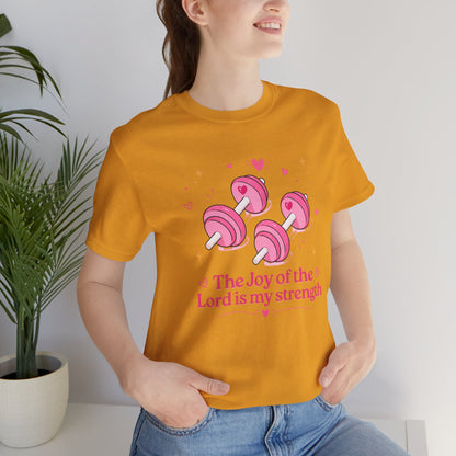 Christian Fitness T-Shirt — “The Joy of the Lord is My Strength” Pink Dumbbells Tee