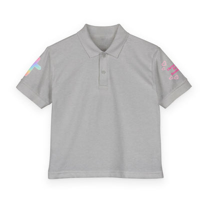 Youth Polo Shirt — Pink Floral Flamingo Kids' Polo (Hearts & Colorful Sleeves)