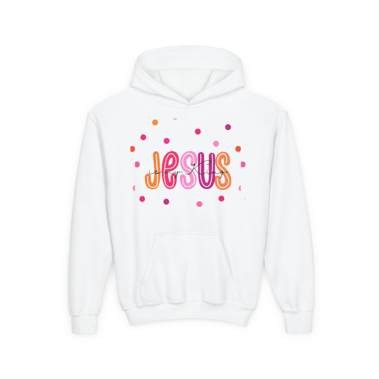 Youth Hoodie — “Jesus” Colorful Polka Dot Christian Pullover