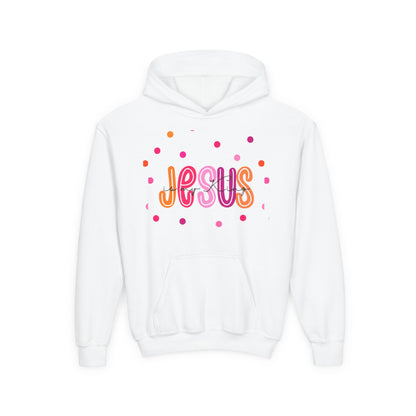Youth Hoodie — “Jesus” Colorful Polka Dot Christian Pullover