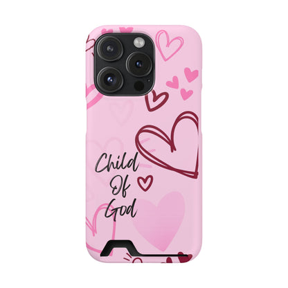 Pink "Child of God" Phone Card Case — Heart Pattern Religious Phone Case with Card Holder