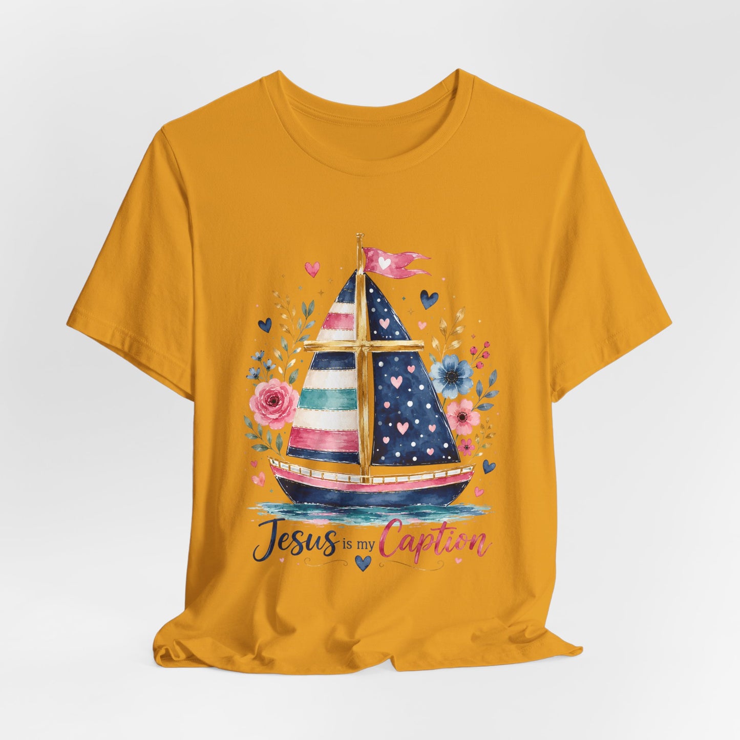 Jesus Is My Caption Sailboat T-Shirt — Floral Patriotic Christian Tee