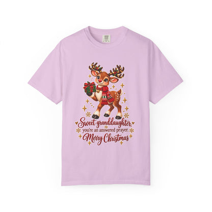 Christmas Reindeer T-Shirt — "Sweet Granddaughter You're an Answered Prayer" Holiday Tee
