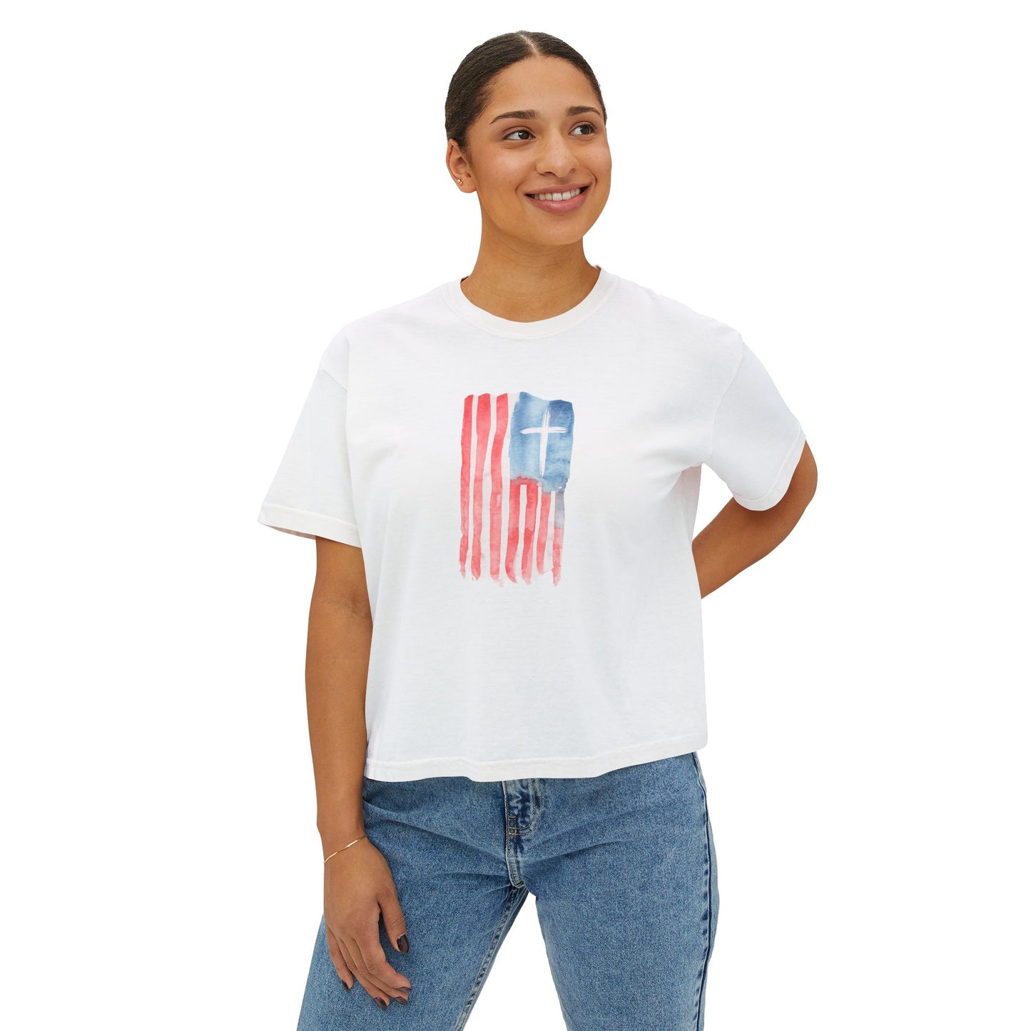 Blessed Tee — Women’s Boxy Christian T-Shirt with Flag Cross (Psalm 33:12)