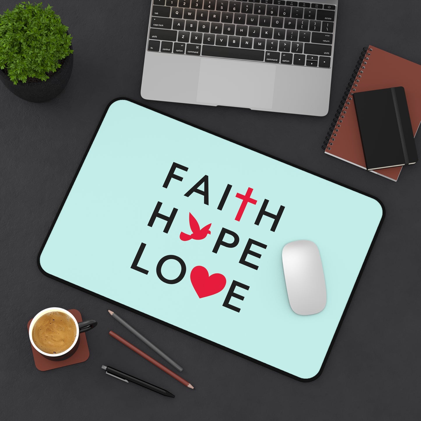 Faith Hope Love Desk Mat — Christian Inspirational Mousepad with Cross, Dove & Heart