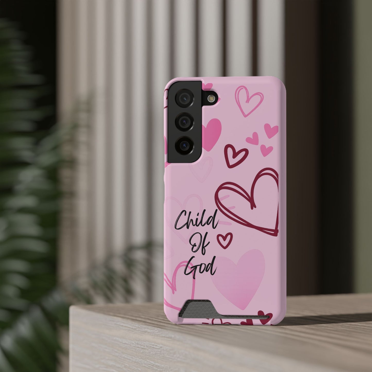 Pink "Child of God" Phone Card Case — Heart Pattern Religious Phone Case with Card Holder