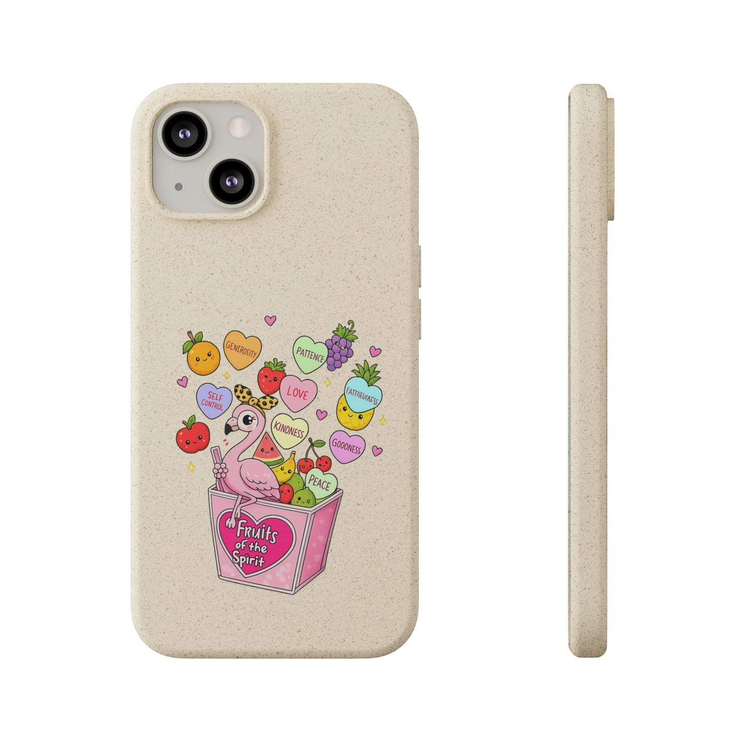 Biodegradable Phone Case — Cute Flamingo & Fruit Hearts "Fruity Love" Eco-Friendly iPhone Cover