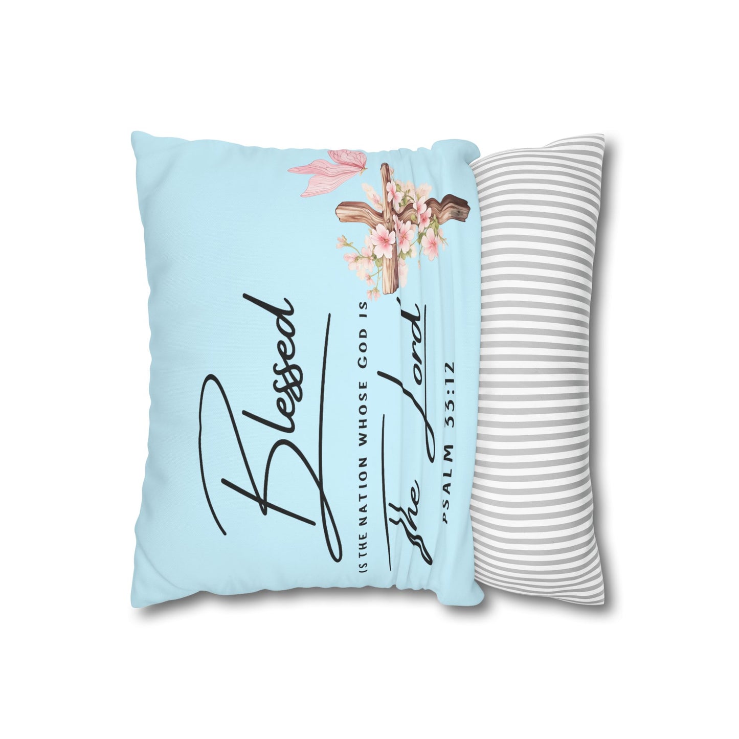 Blessed The Lord Square Pillow — Psalm 33:12 Floral Cross Throw Pillow