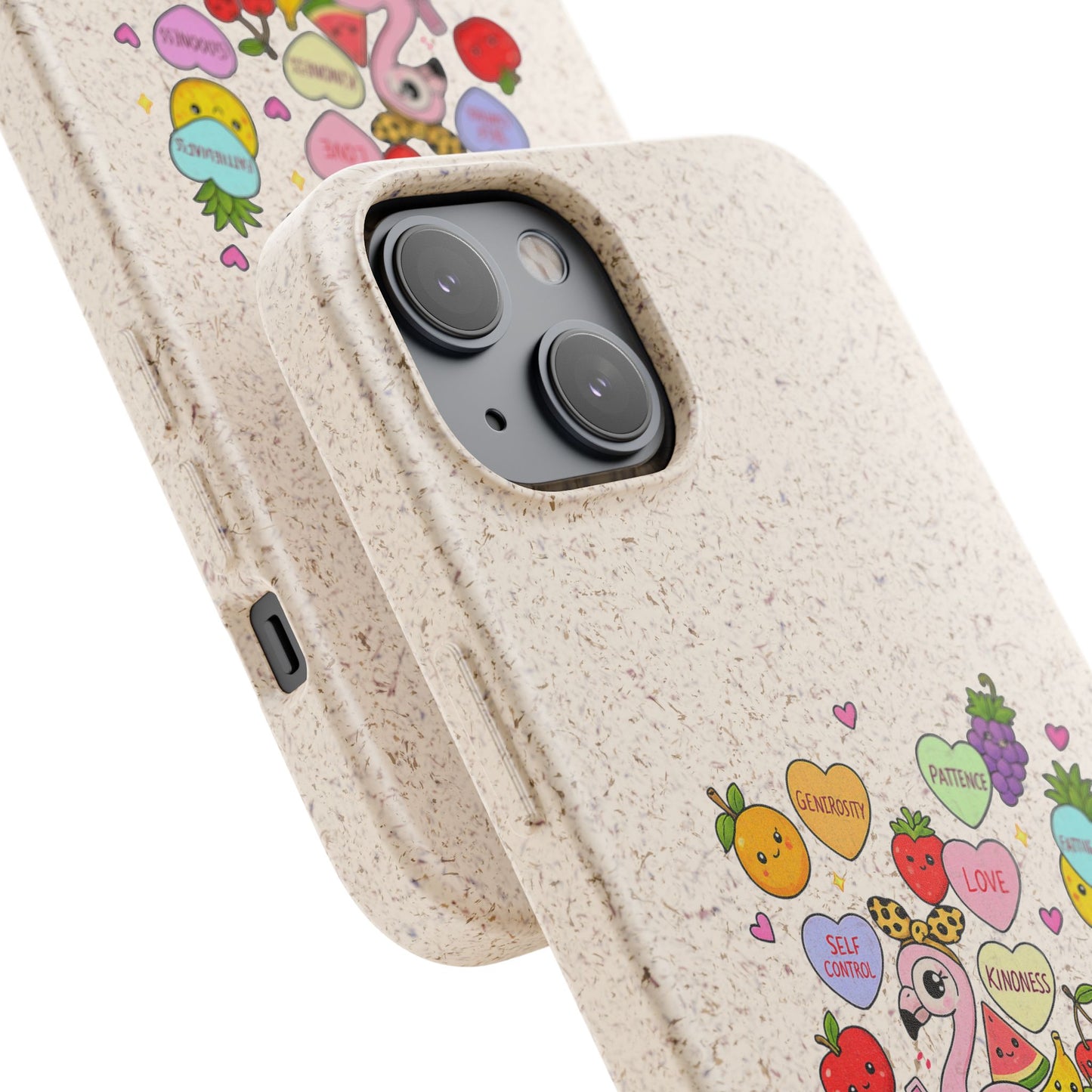 Biodegradable Phone Case — Cute Flamingo & Fruit Hearts "Fruity Love" Eco-Friendly iPhone Cover