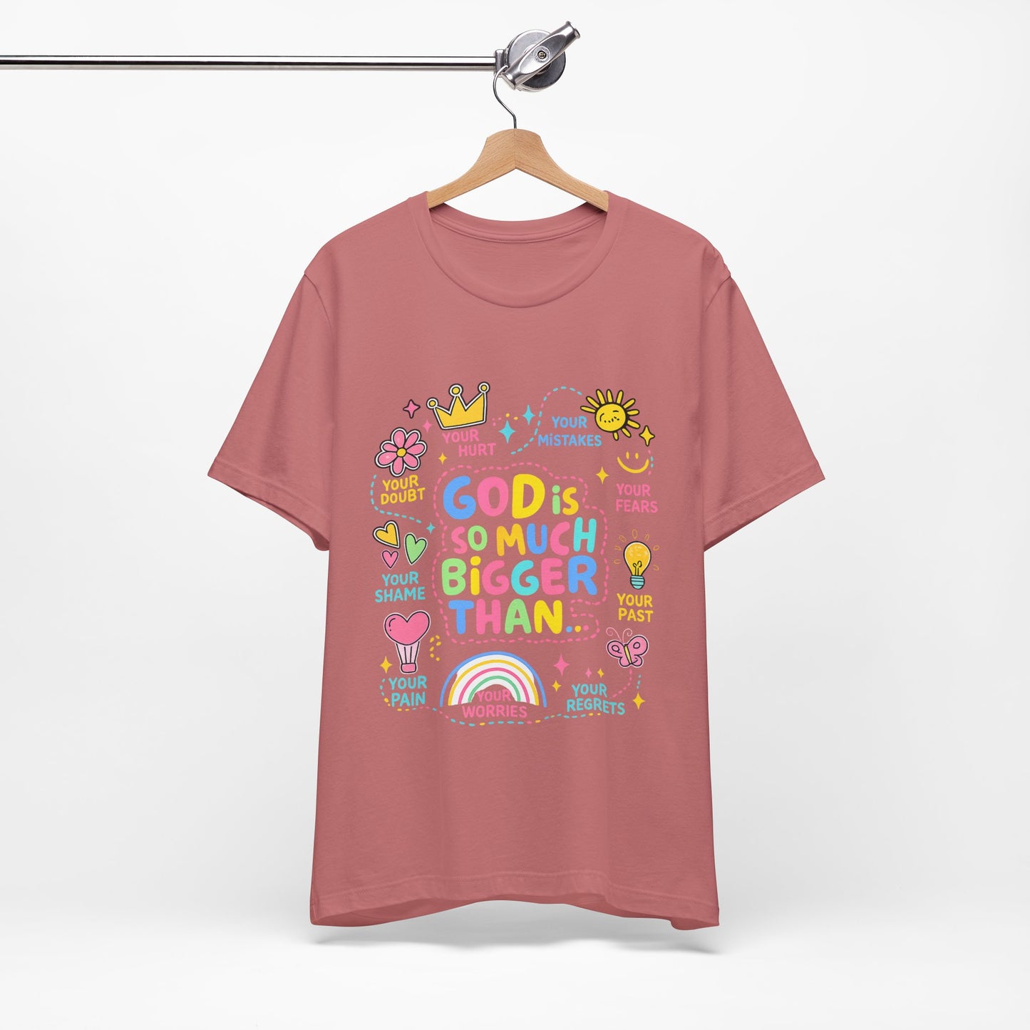 Christian T‑Shirt — "God Is So Much Bigger Than..." Pastel Faith Tee