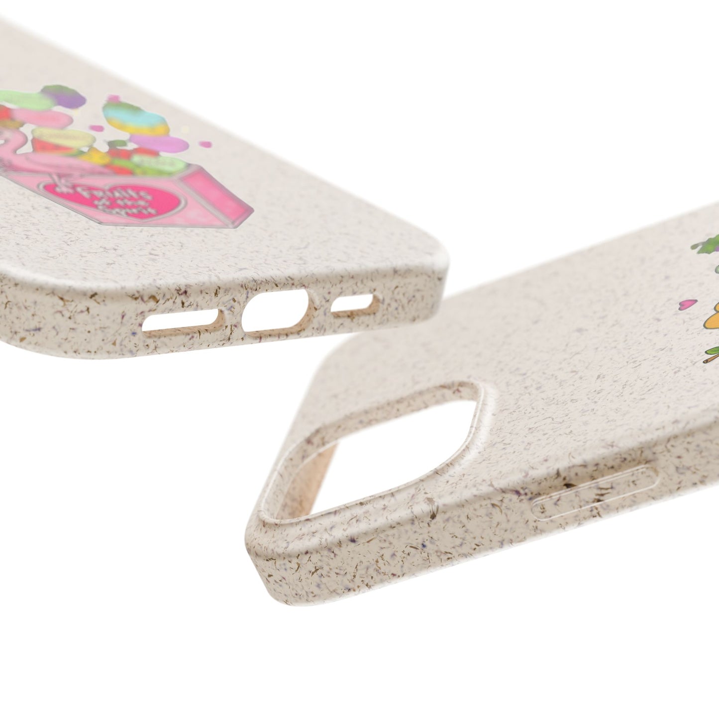 Biodegradable Phone Case — Cute Flamingo & Fruit Hearts "Fruity Love" Eco-Friendly iPhone Cover
