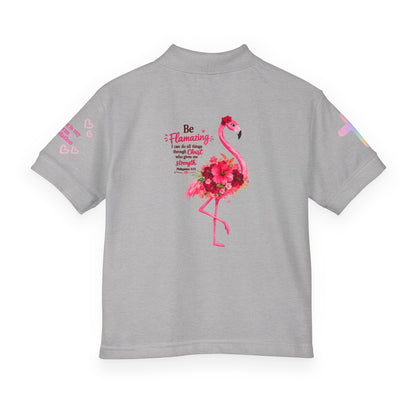 Youth Polo Shirt — Pink Floral Flamingo Kids' Polo (Hearts & Colorful Sleeves)